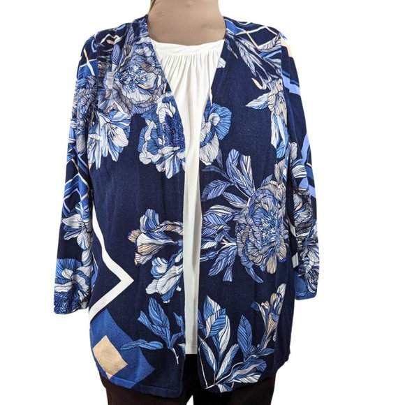 Chico's Sweaters - Chico's 3/XL Cardigan Blue Floral Open V-Neck Lightweight Sweater 3/4 Sleeve